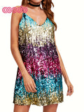 Vibrant Sequined Color Block Cami Dress - Sleeveless V-Neck Mini Party Dress with Cross Back Detail - Polyester Knit Fabric, No Elasticity, Solid Color, Sexy and Chic for Womens Night Out