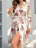 Womens Luxurious Long-Sleeve Satin V-Neck Lounge Robe - Soft Micro Elasticity Polyester Fabric, Casual Floral Print Design, Belted Waist, Machine Washable, Perfect for All Seasons