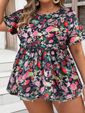 Plus Size Womens Floral Print Tunic Blouse - Soft Slight Stretch Polyester Fabric, Crew Neck, Ruched Short Sleeve, Geometric Pattern, Random Printing, Perfect for Vacation and Summer - Easy to Wear and Care
