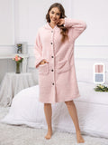 Casual Solid Fleece Night Robe, Long Sleeve Hooded Thickened Robe With Pockets, Women's Sleepwear & Dresses