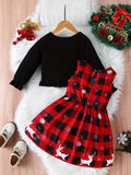 Girls' 2pcs Christmas Outfit Set: Cozy Ruffle-Trim Long Sleeve Cardigan & Festive Reindeer Print Dress with Bow - Machine Washable, Perfect for Outdoor