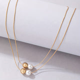 Personality Geometric Alloy Fine Chain Faux Pearl Beads Pendant Ladies Double Layer Necklace Clavicle Chain