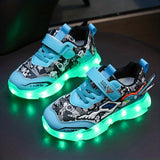 Boys Color Block LED Sneakers with Hook & Loop - USB Charging, Chunky Luminescent Soles, Trendy Retro Style, Ultra Comfortable