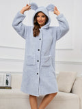 Casual Solid Fleece Night Robe, Long Sleeve Hooded Thickened Robe With Pockets, Women's Sleepwear & Dresses