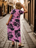 Girls Elegant Flowy Flower Print Dress - Stylish & Comfortable for Summer Holidays - Long, Loose & Short Sleeve