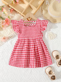 Girls Charming Gingham Ruffle Sleeve Dress Shirt - Fashionable Square Neck, Lettuce Trim, Non-Stretch Woven Fabric, Machine Washable, Perfect for Summer Picnic Outfits and Casual Occasions