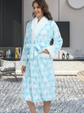 Cozy Star & Moon Print Women's Bathrobe with Belt - Plush Long Sleeve, V-Neck Lounge Robe with Pockets, Machine Washable