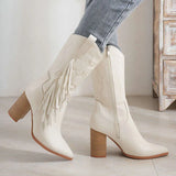 Autumn/Winter Pointy Chunky Mid-Leg Knight Boots Embroidered Totem White New Western Cowboy Boots Kq8