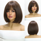 12 Inch Brown High Gloss Dyed Synthetic Crochet Short Straight Wig - Elegant, Effortless, and Fashionable Womens Headwear with Elastic Net Cap and Natural Looking Hair - Suitable for All Women