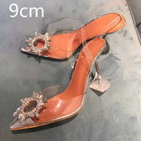 Summer New Pointed Rhinestone Odd Heel Stiletto Ladies Sun Decoration Wild Fairy PVC Transparent Crystal Shoes Kq8