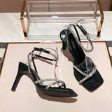 Ladies Heels Fairy Square Sier Rhinestones With Fine Ribbon One-Line High Heel Summer Sandals Kq8