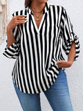 Plus Size Striped Print Blouse - Relaxed-Fit V Neck Roll Tab Sleeve Design for Everyday Comfort - Perfect for Spring, Womens Confident Clothing