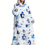 Cozy Plus Size Cartoon Penguin Sherpa Fleece Nightgown - Soft, Warm, Oversized Wearable Blanket for Fall & Winter - Plus Size Nightgowns & Sleepshirts