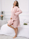 Casual Solid Fleece Night Robe, Long Sleeve Hooded Thickened Robe With Pockets, Women's Sleepwear & Dresses