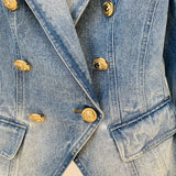 Classic Style Original Design Women's Double-Breasted Denim Jacket Blazer Metal Buckles Coat Outwear size available S-XXXXXL