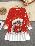 Girls' Festive Christmas Cat Print Long Sleeve Dress - Stretchy Knit Fabric, Machine Washable, Casual Round Neck - Perfect for All Seasons