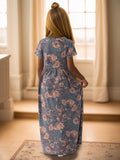 Girls Elegant Flowy Flower Print Dress - Stylish & Comfortable for Summer Holidays - Long, Loose & Short Sleeve