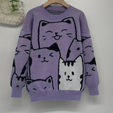 Charming Cat Jacquard Knit - Harajuku Loose Fit Long Sleeve Pullover Jumper - Cozy Trendsetter for Girls Autumn & Winter Wardrobe