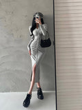 goosudu Sara Solid Color V-Neck Long Sleeve Front Split Button Up Long Dress