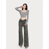 goosudu Gwen Fake Two Piece Halter Long-sleeved Button Up Slim Cropped Top