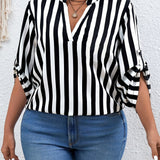 Plus Size Striped Print Blouse - Relaxed-Fit V Neck Roll Tab Sleeve Design for Everyday Comfort - Perfect for Spring, Womens Confident Clothing
