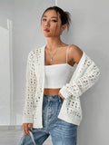 Plus Size Solid Color Hollow Out Knitted Cardigan, Casual Open Front Long Sleeve Cardigan, Women's Plus Size Clothing