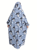 Plus Size Puppy Pattern Sherpa Fleece Oversized Ultra Soft Warm Wearable Blanket, Women's Plus Cute Sleepwear Thickened Blanket Hoodie