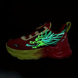 Trendy Cool Dragon Print Luminous Sneakers With Rotating Button For Boys, Breathable Shock-absorbing Running Shoes For Spring Summer Autumn