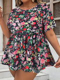 Plus Size Womens Floral Print Tunic Blouse - Soft Slight Stretch Polyester Fabric, Crew Neck, Ruched Short Sleeve, Geometric Pattern, Random Printing, Perfect for Vacation and Summer - Easy to Wear and Care