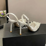 French Pearl Sandals Women Satin White Wedding Elegant Sexy Flower Heels Bridal Shoes Kq8