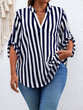 Plus Size Striped Print Blouse - Relaxed-Fit V Neck Roll Tab Sleeve Design for Everyday Comfort - Perfect for Spring, Womens Confident Clothing
