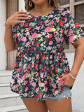 Plus Size Womens Floral Print Tunic Blouse - Soft Slight Stretch Polyester Fabric, Crew Neck, Ruched Short Sleeve, Geometric Pattern, Random Printing, Perfect for Vacation and Summer - Easy to Wear and Care
