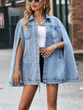 Single Breasted Cape Denim Coat Women Spring Fall Fashion Vintage Pockets Loose Jean Jacket Female Streetwear 240103