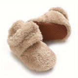 Infant Toddler Winter Plush Warm Cotton Boots - Casual Classic Solid Color Ankle-High Slip-On Round Toe Booties with Soft Fabric Upper, Inner & Sole - Comfortable Outdoor Daily Wear for Boys & Girls