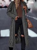Plus Size Solid Cable Knit Open Front Cardigan, Elegant Pocket Hooded Long Sleeve Long Length Knitted Cardigan, Women's Plus Size Clothing
