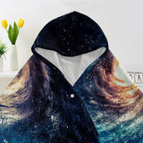 Contemporary Starry Galaxy Wearable Blanket with Hood – Soft Warm Flannel Throw Cape for Sofa, Home, Office, Nap, Air Conditioning, Travel, Camping – Digital Print Polyester Hooded Blanket with Convenient Button – Machine Washable, Knitted Craftsmanship,