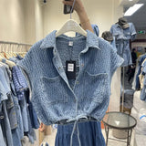 Women's Jackets Drawstring Waistcoat Jean Jacket Jaqueta Feminina Short Sleeve Denim Coat Chaqueta Mujer Women Crop Shirt Korean Tops Y2k Vest 231013