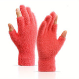 Open Fingers Plush Gloves Solid Color Plus Velvet Thickened Warm Gloves Convenient Touch Screen Gloves Women's Winter Coldproof Writing Gloves