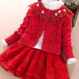 3pcs Knitwear Set For Girls, Lace Collar Knit Cardigan + Mock Neck Pullover + Mesh Skirt, 100% Cotton Comfy Spring/ Fall Clothes