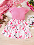 Knee-High Ruffled Sleeve Fitted Flamingo Graphic Dress for Girls - Cute Polyester Summer Party Outfit with Medium Stretch and Crew Neck - Perfect Gift for Little Ones