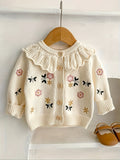 Spring And Autumn New Floral Embroidery Ruffle Collar Kids Knitted Sweater Top, Cotton Long-sleeved Baby Girl Cardigan Coat