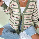 Plus Size Floral Pattern Knitted Cardigan, Casual Button Front Long Sleeve Cardigan, Women's Plus Size Clothing