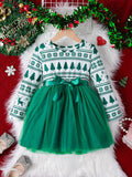 Festive Girls' Christmas Tree Print Tulle Dress - Soft, Flowy, and Comfortable for Spring and Autumn - Kids' Clothing for Casual Occasions