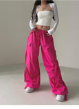 goosudu Loa Solid Color Hot Pink Multi-Pocket Tassel High Waist Straight Leg Cargo Parachute Pants