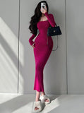 goosudu Ella Solid Color U-Neck Long Sleeve Slim Long Dress