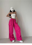 goosudu Loa Solid Color Hot Pink Multi-Pocket Tassel High Waist Straight Leg Cargo Parachute Pants