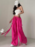 goosudu Loa Solid Color Hot Pink Multi-Pocket Tassel High Waist Straight Leg Cargo Parachute Pants