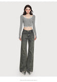 goosudu Gwen Fake Two Piece Halter Long-sleeved Button Up Slim Cropped Top