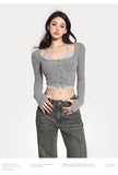 goosudu Gwen Fake Two Piece Halter Long-sleeved Button Up Slim Cropped Top