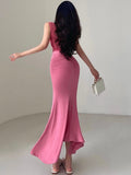 goosudu Yuna Solid Color Skinny Pleated Stretch-Wrapped Fishtail Long Skirt